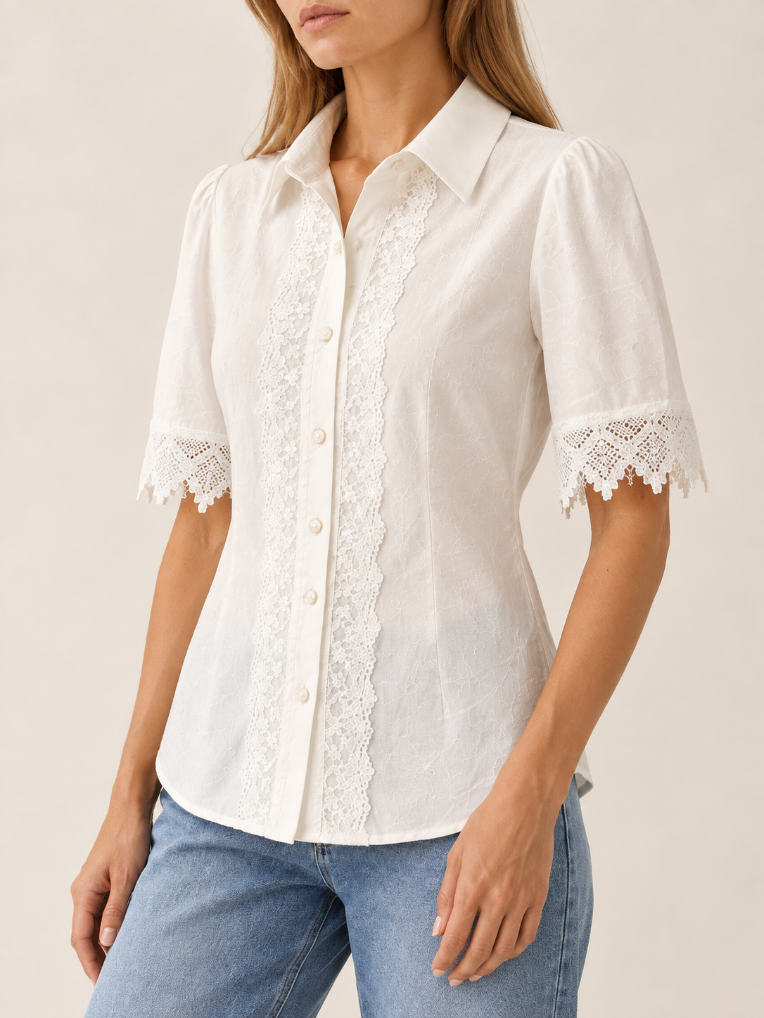 Nina | Lace Embroidery Blouse with Collared Neck