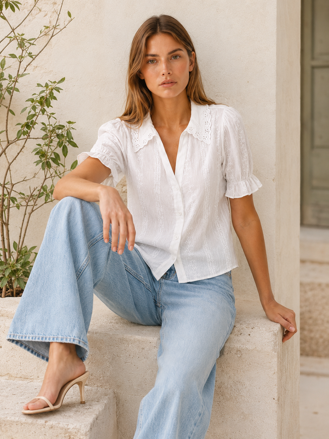 Nina | Lace Embroidery Blouse with Collared Neck