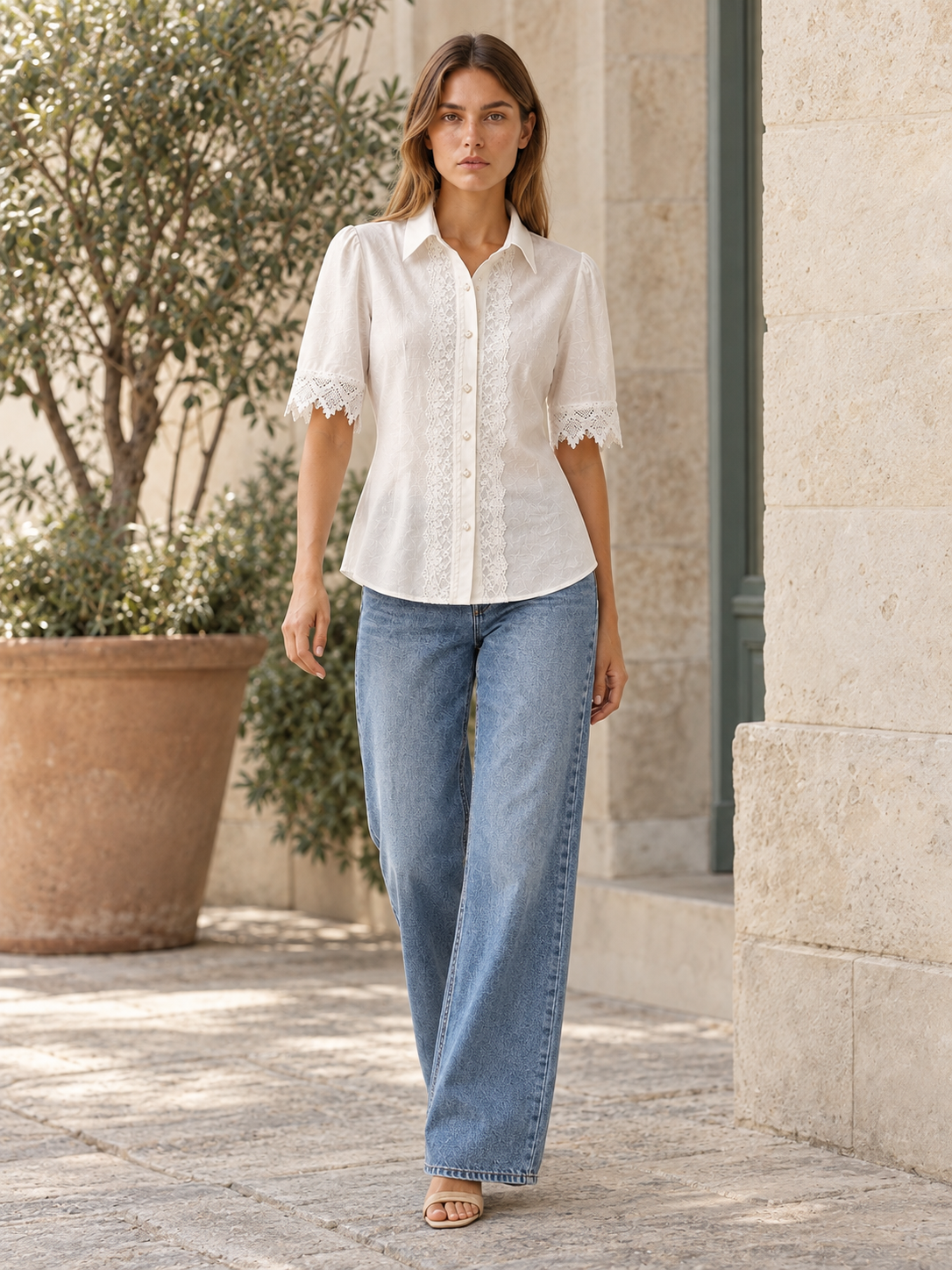 Nina | Lace Embroidery Blouse with Collared Neck
