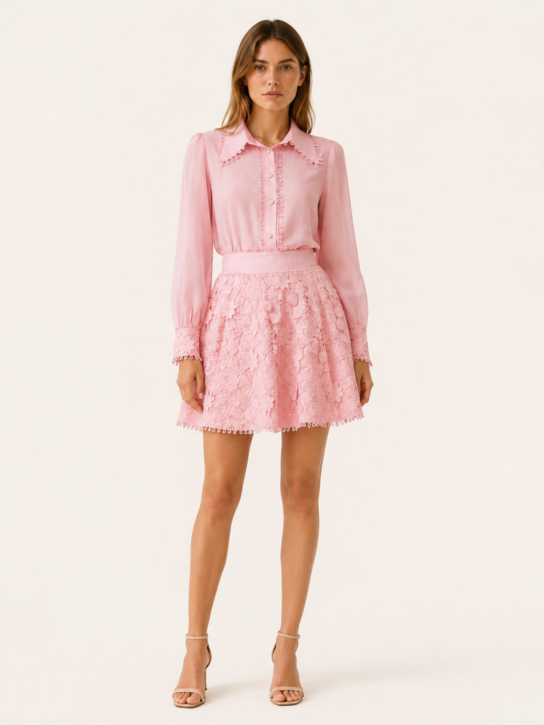 Nola | Floral Lace Skirt Set with Button Shirt