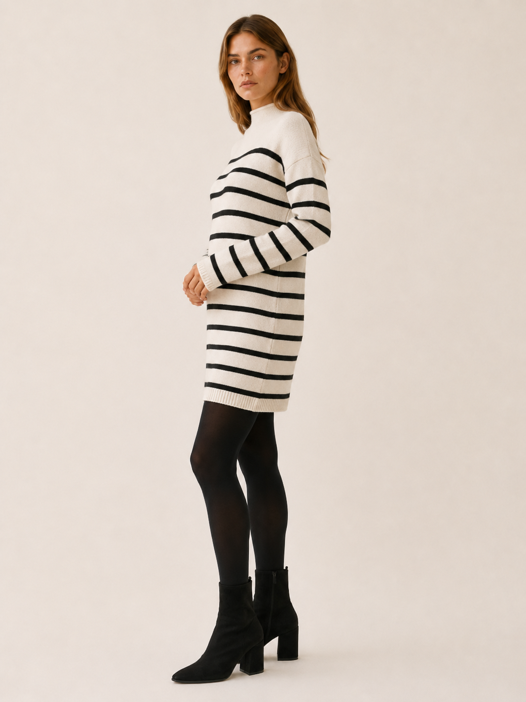 Ondine | Sweater Dress with Mock Neck and Stripe Design