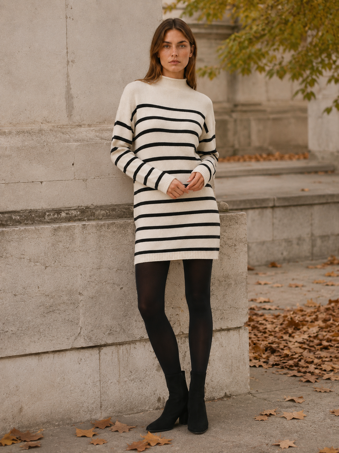 Ondine | Sweater Dress with Mock Neck and Stripe Design