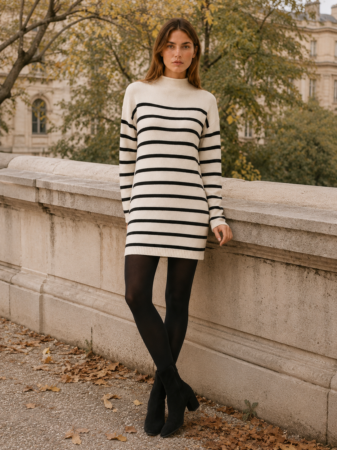 Ondine | Sweater Dress with Mock Neck and Stripe Design