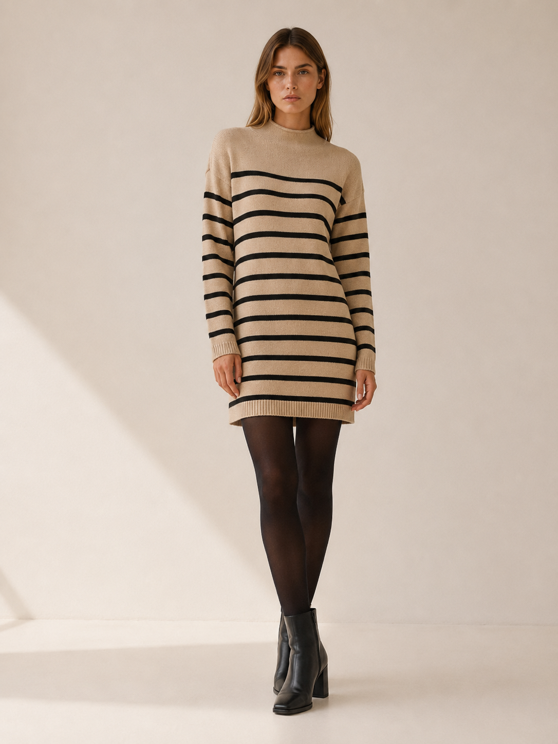 Ondine | Sweater Dress with Mock Neck and Stripe Design