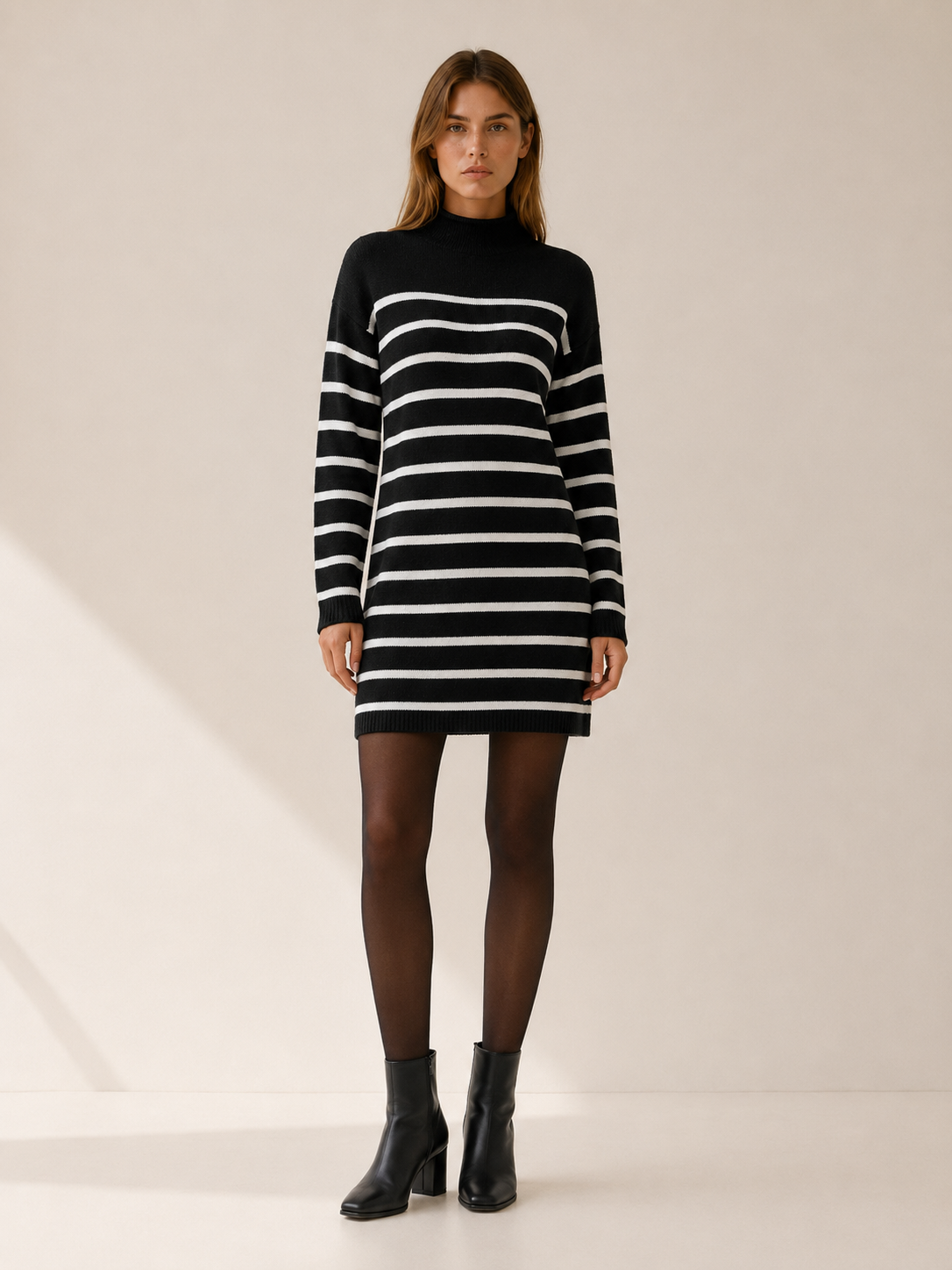 Ondine | Sweater Dress with Mock Neck and Stripe Design