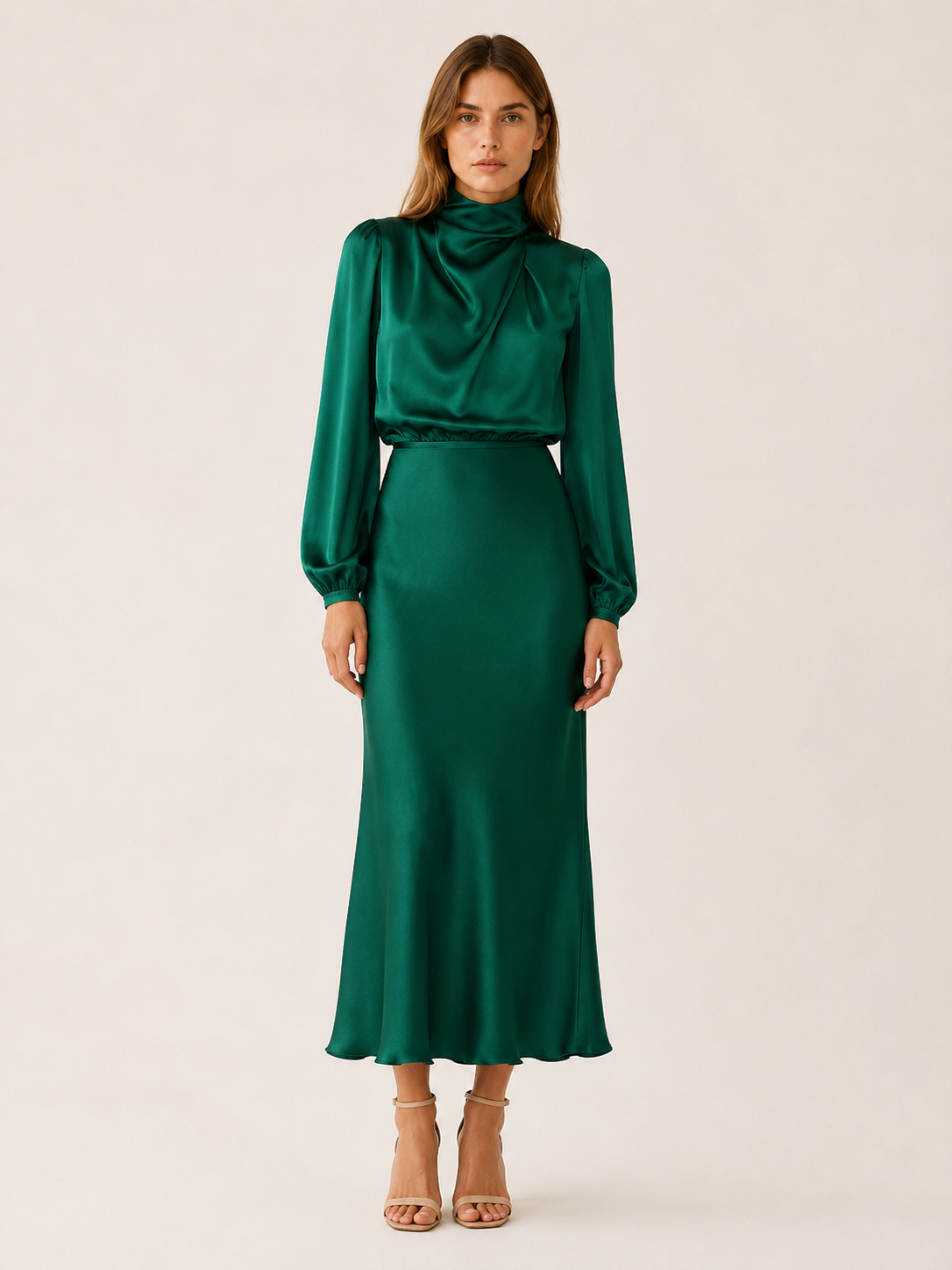 Orinthia | Satin Maxi Dress with High Neck and Draped Front