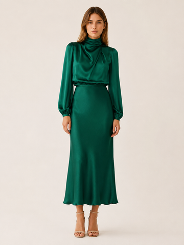 Orinthia | Satin Maxi Dress with High Neck and Draped Front
