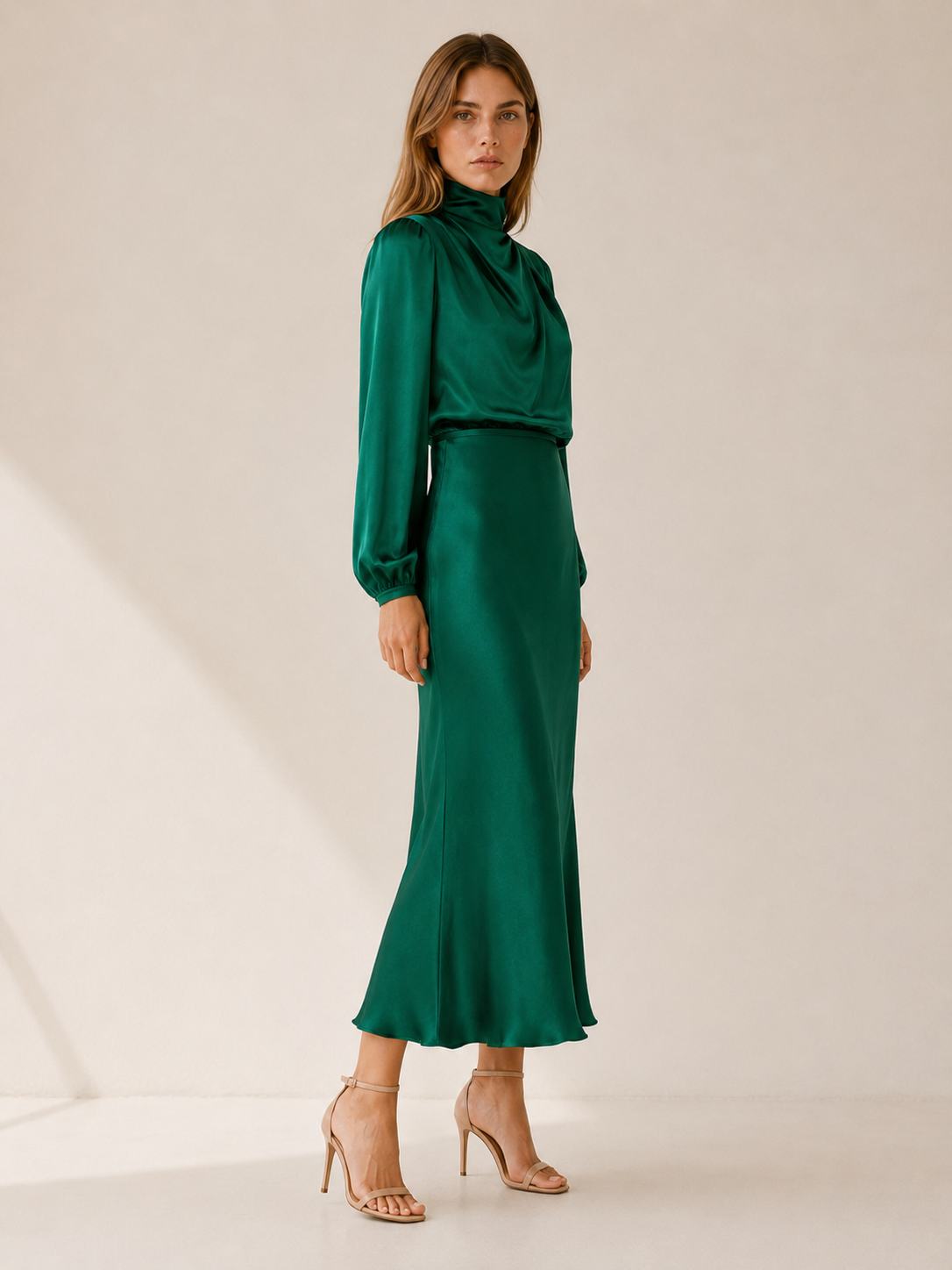 Orinthia | Satin Maxi Dress with High Neck and Draped Front