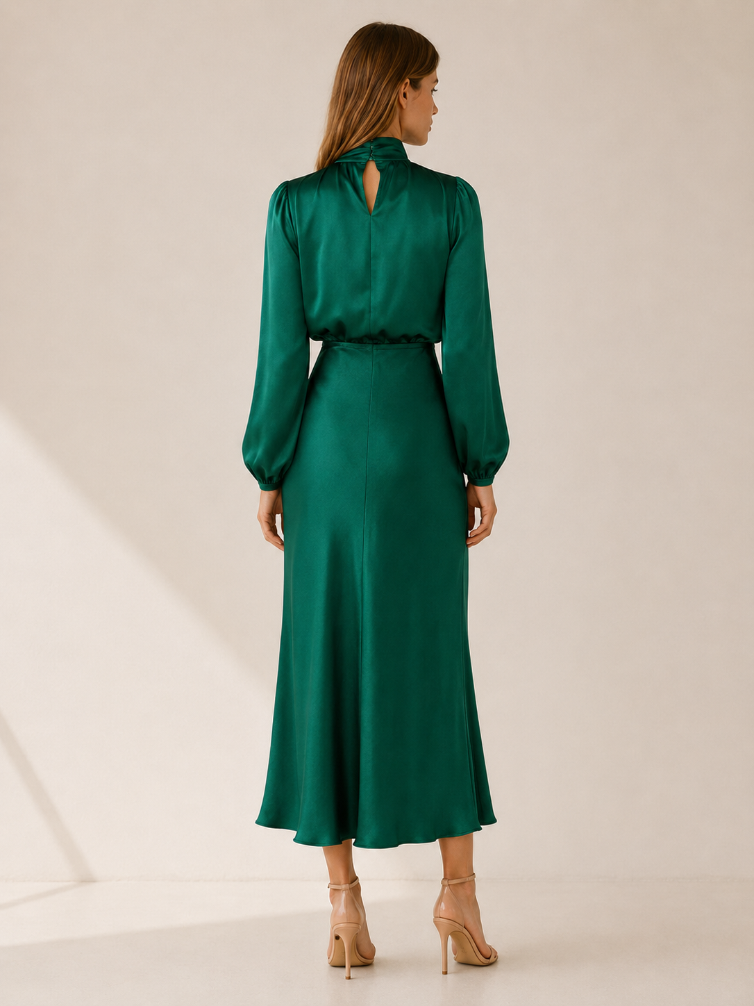 Orinthia | Satin Maxi Dress with High Neck and Draped Front