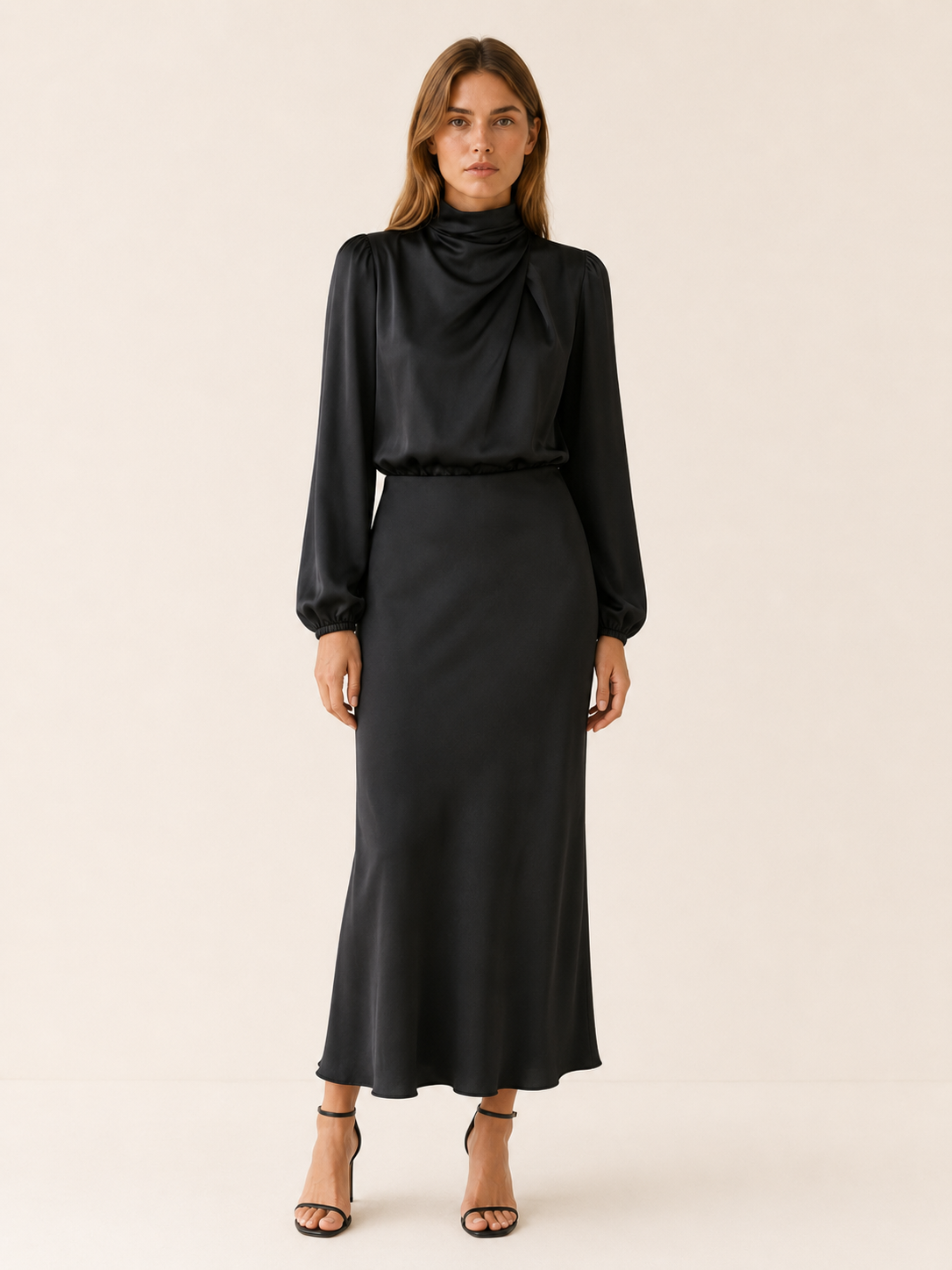 Orinthia | Satin Maxi Dress with High Neck and Draped Front