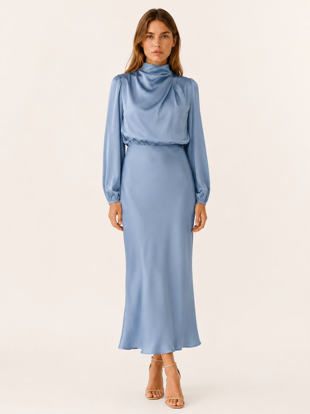 Orinthia | Satin Maxi Dress with High Neck and Draped Front