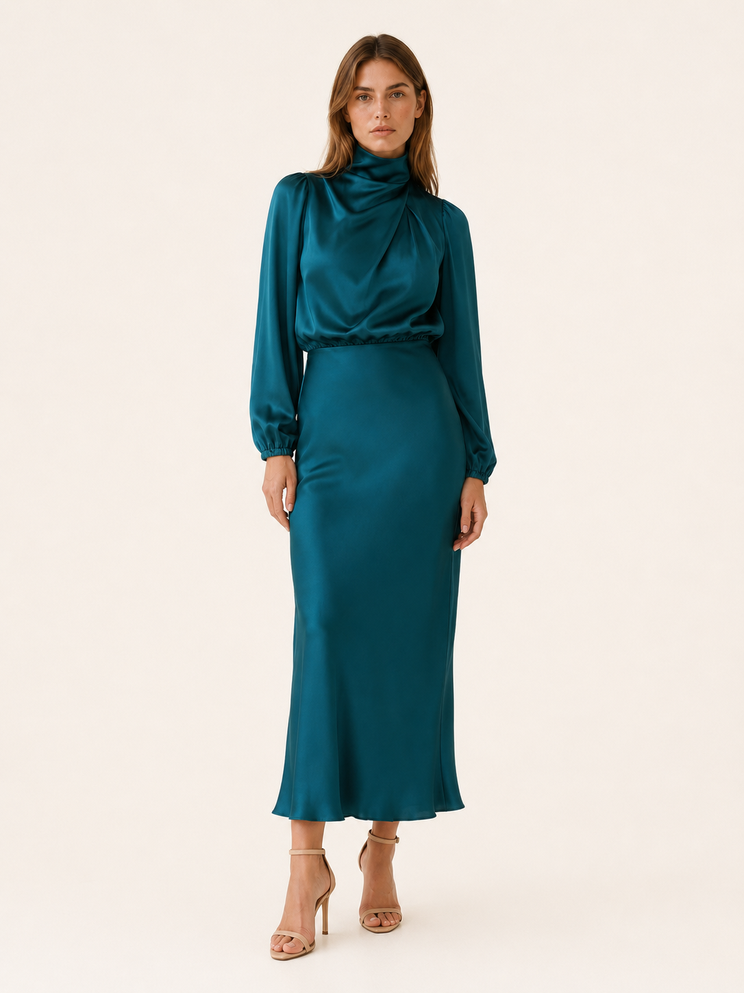 Orinthia | Satin Maxi Dress with High Neck and Draped Front