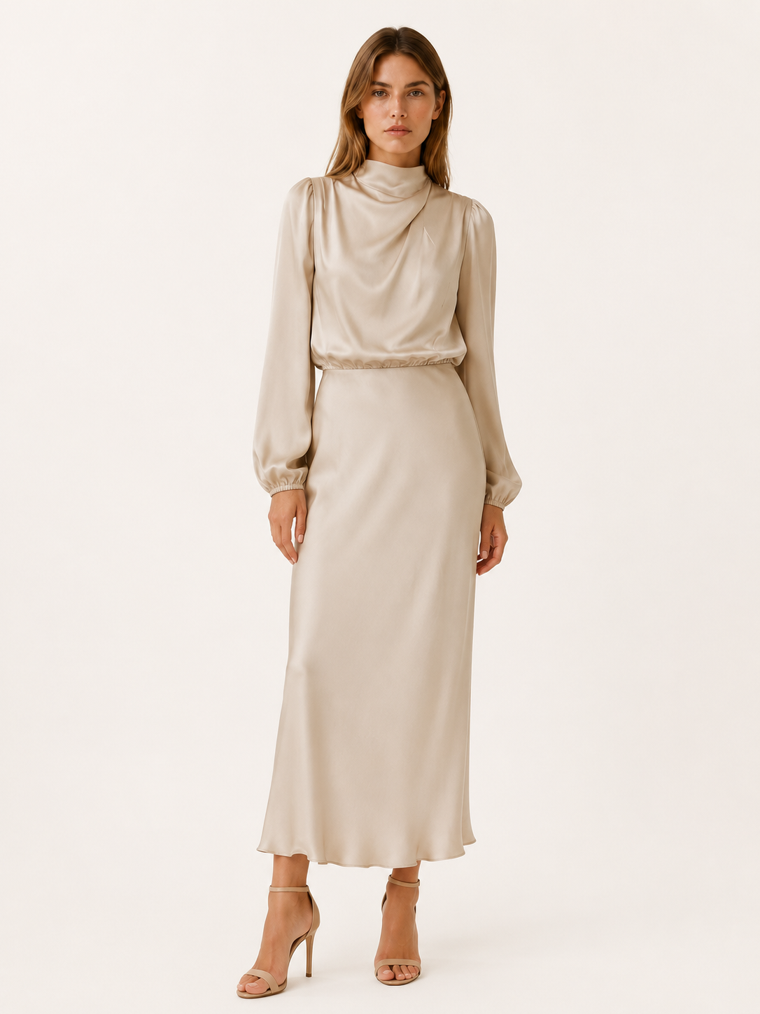 Orinthia | Satin Maxi Dress with High Neck and Draped Front
