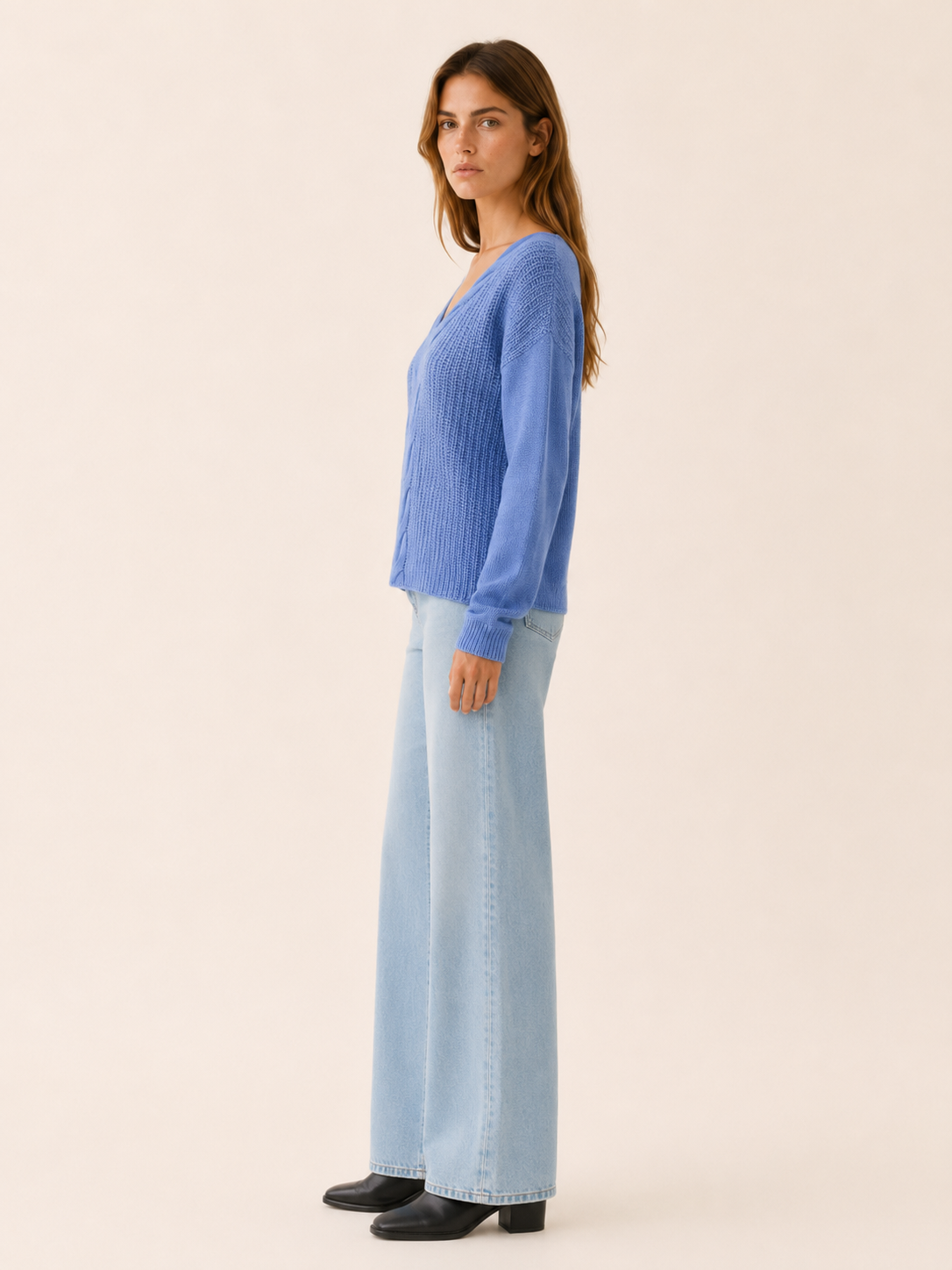 Orivessa | V Neck Sweater with Textured Panels and Relaxed Fit