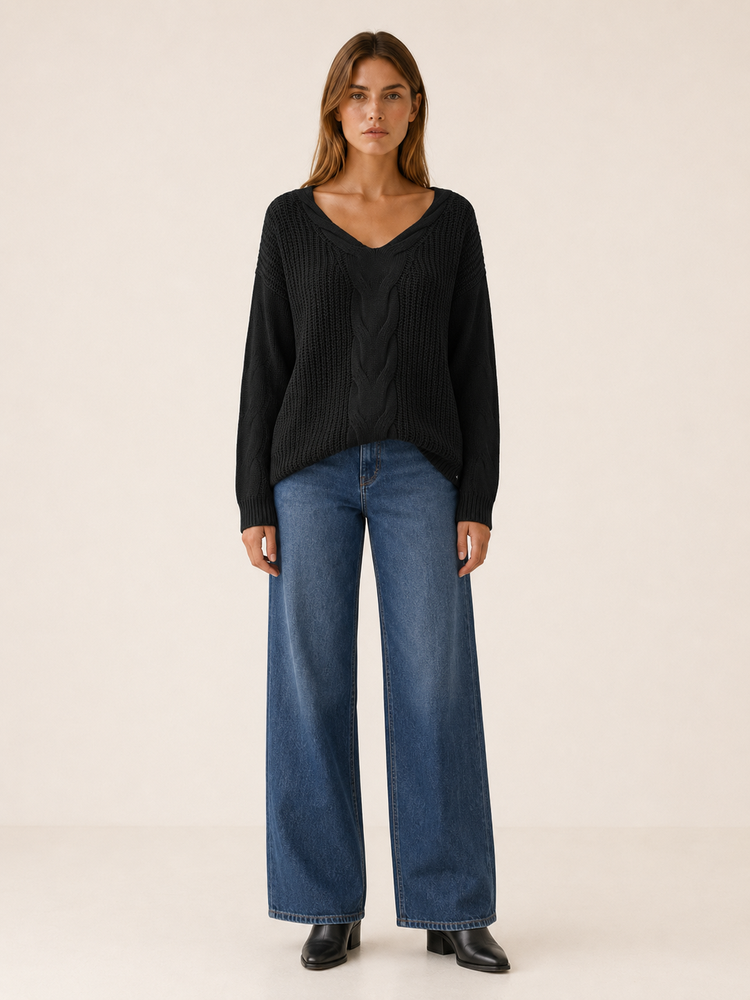 Orivessa | V Neck Sweater with Textured Panels and Relaxed Fit