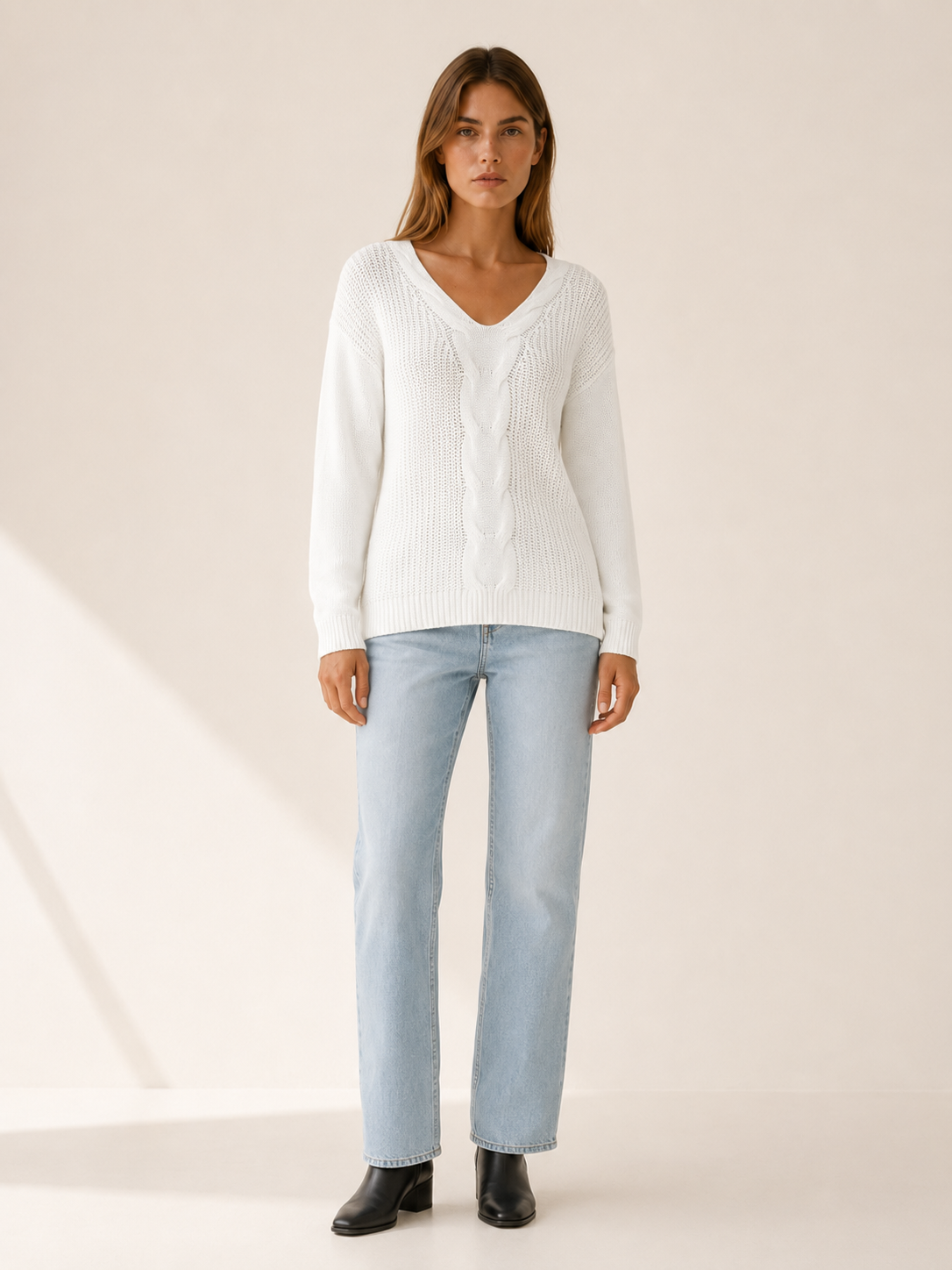 Orivessa | V Neck Sweater with Textured Panels and Relaxed Fit