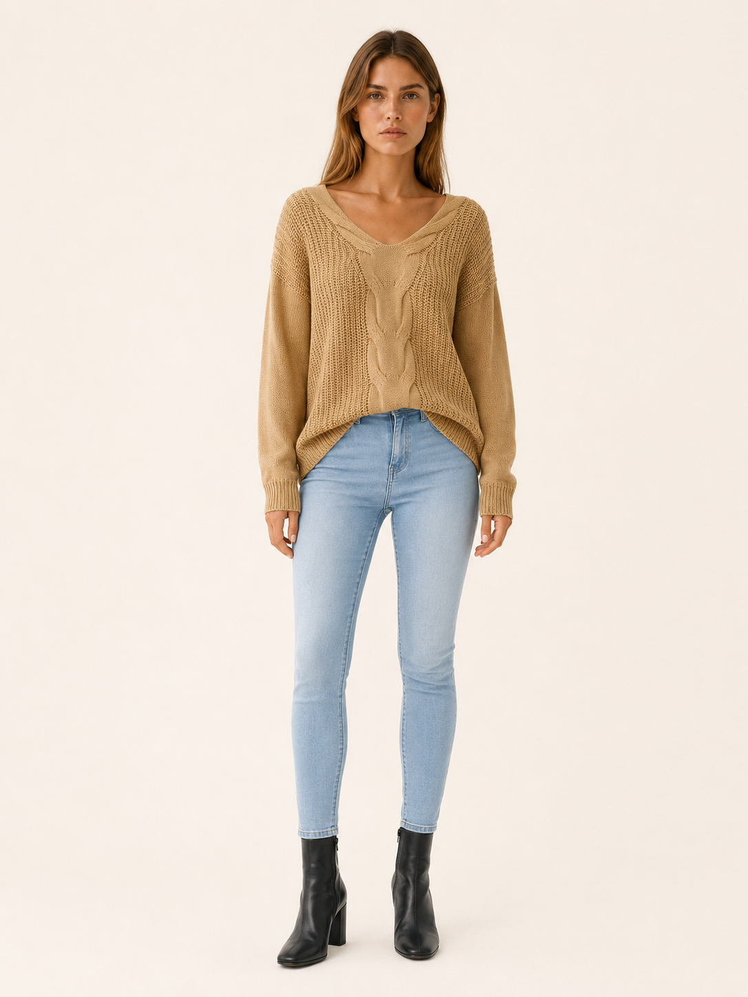 Orivessa | V Neck Sweater with Textured Panels and Relaxed Fit