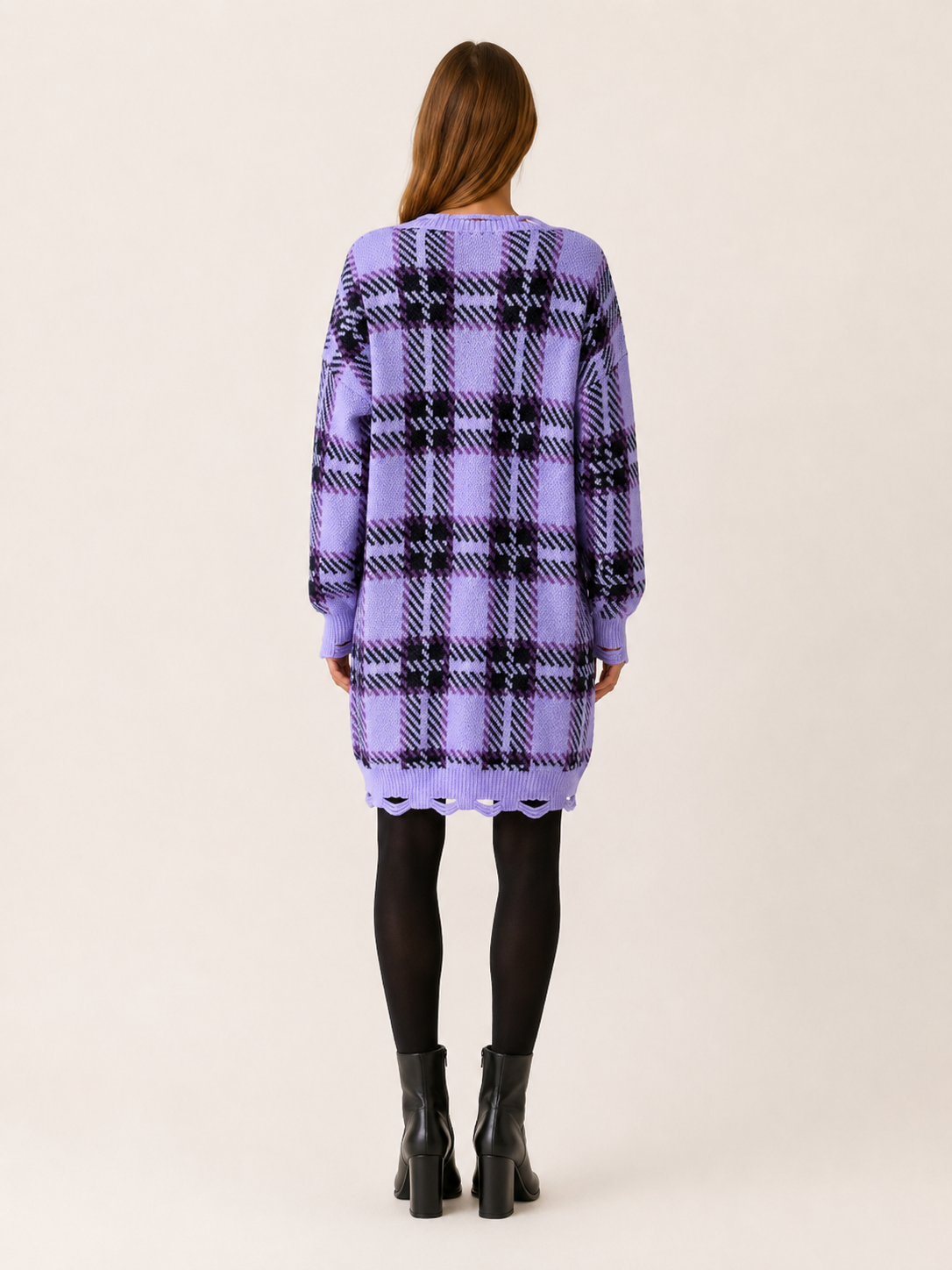 Oryssia | Sweater Dress with Check Pattern and Distressed Hem
