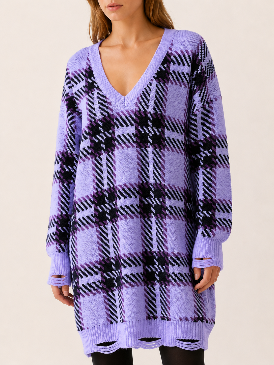 Oryssia | Sweater Dress with Check Pattern and Distressed Hem