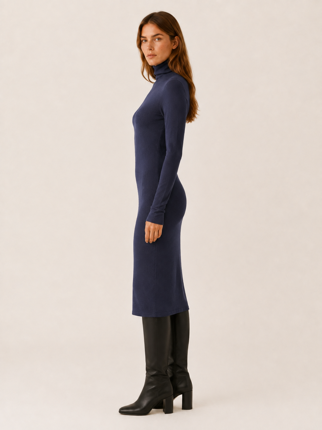 Pamela | Women's Ribbed Midi Dress with Turtleneck