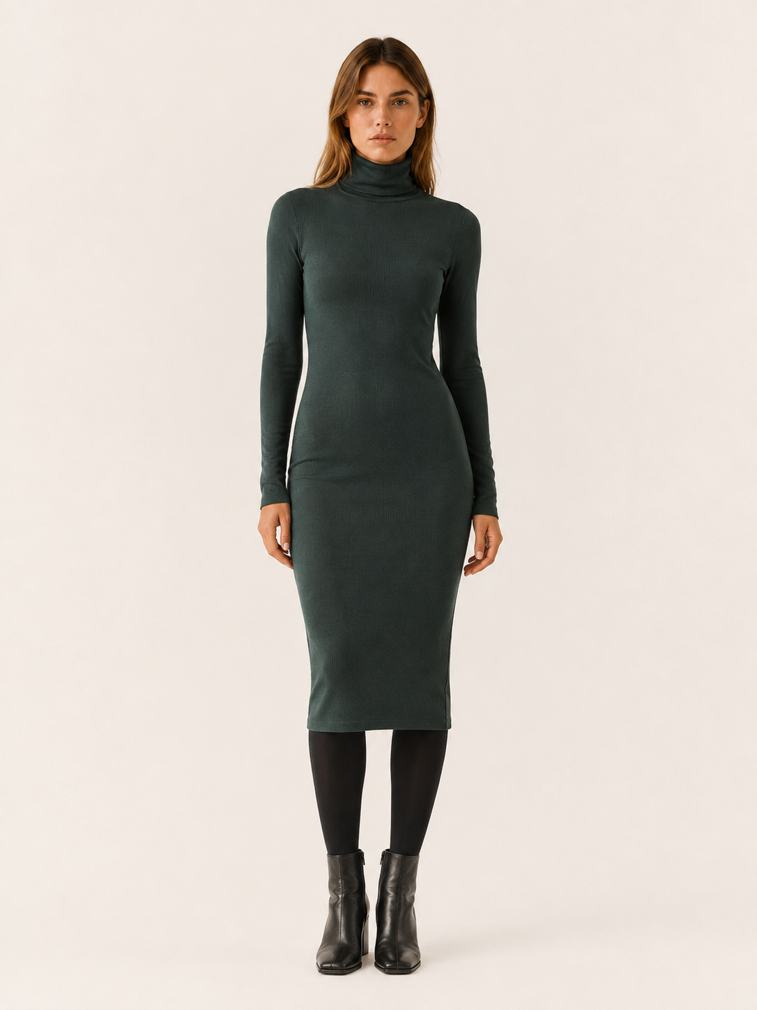 Pamela | Women's Ribbed Midi Dress with Turtleneck