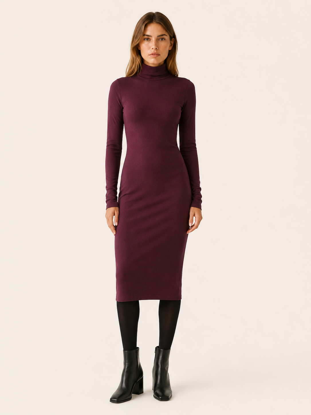 Pamela | Women's Ribbed Midi Dress with Turtleneck