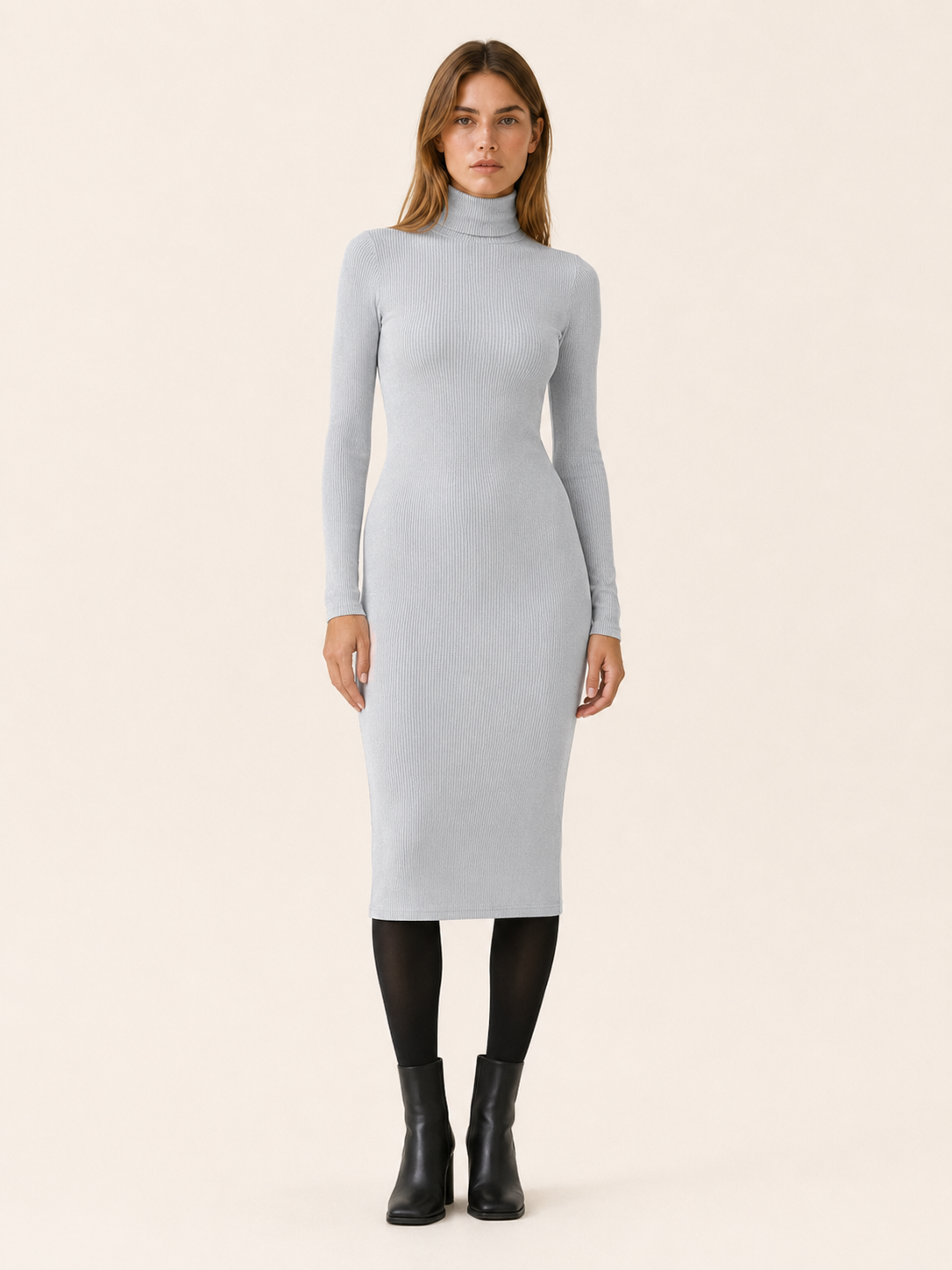 Pamela | Women's Ribbed Midi Dress with Turtleneck