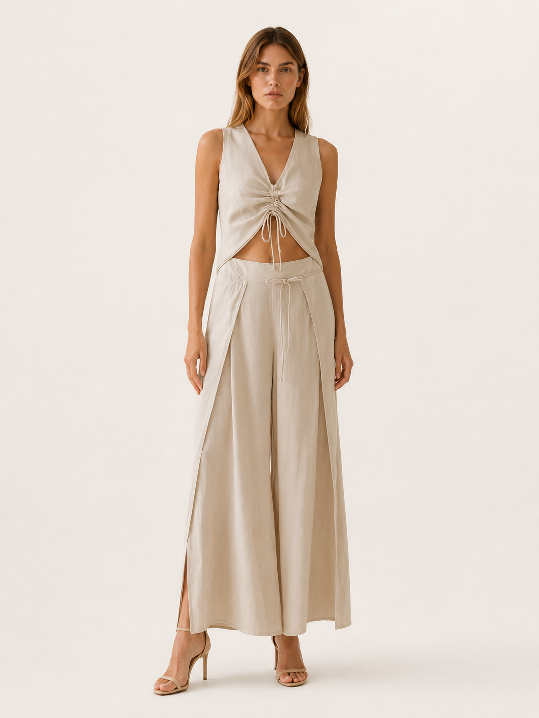 Quilla | Wide Leg Two-Piece Set with Crop Top Side Slit Trousers