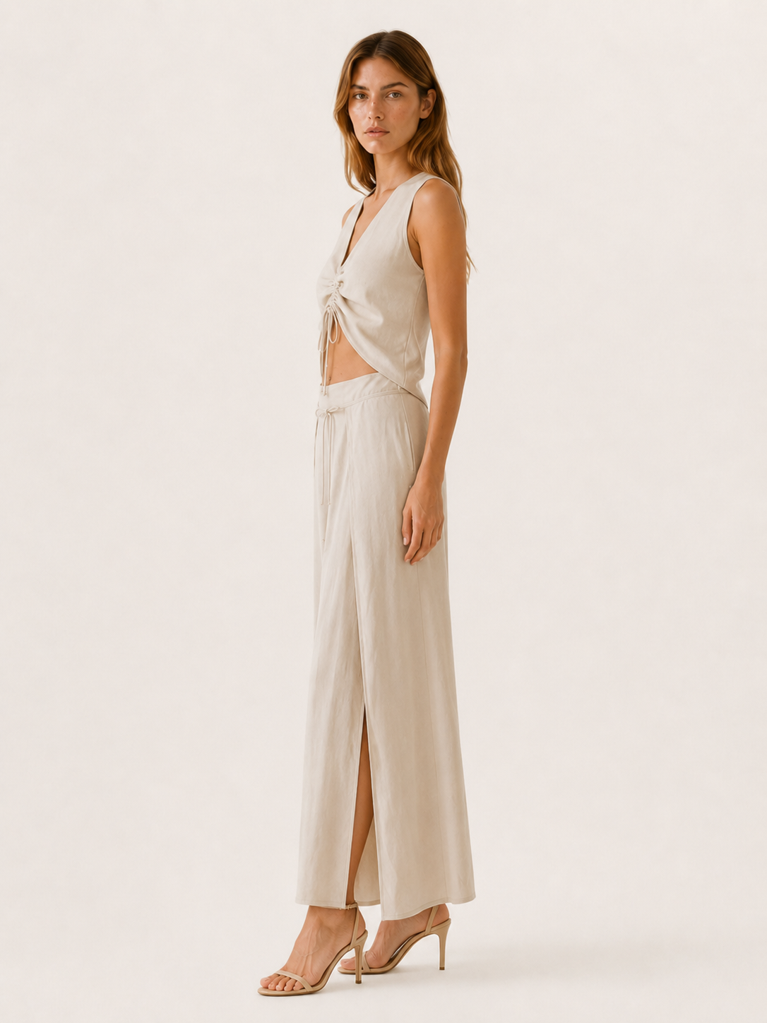 Quilla | Wide Leg Two-Piece Set with Crop Top Side Slit Trousers