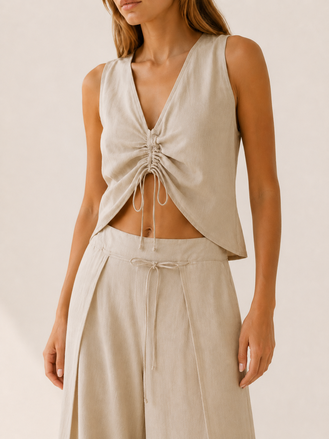 Quilla | Wide Leg Two-Piece Set with Crop Top Side Slit Trousers