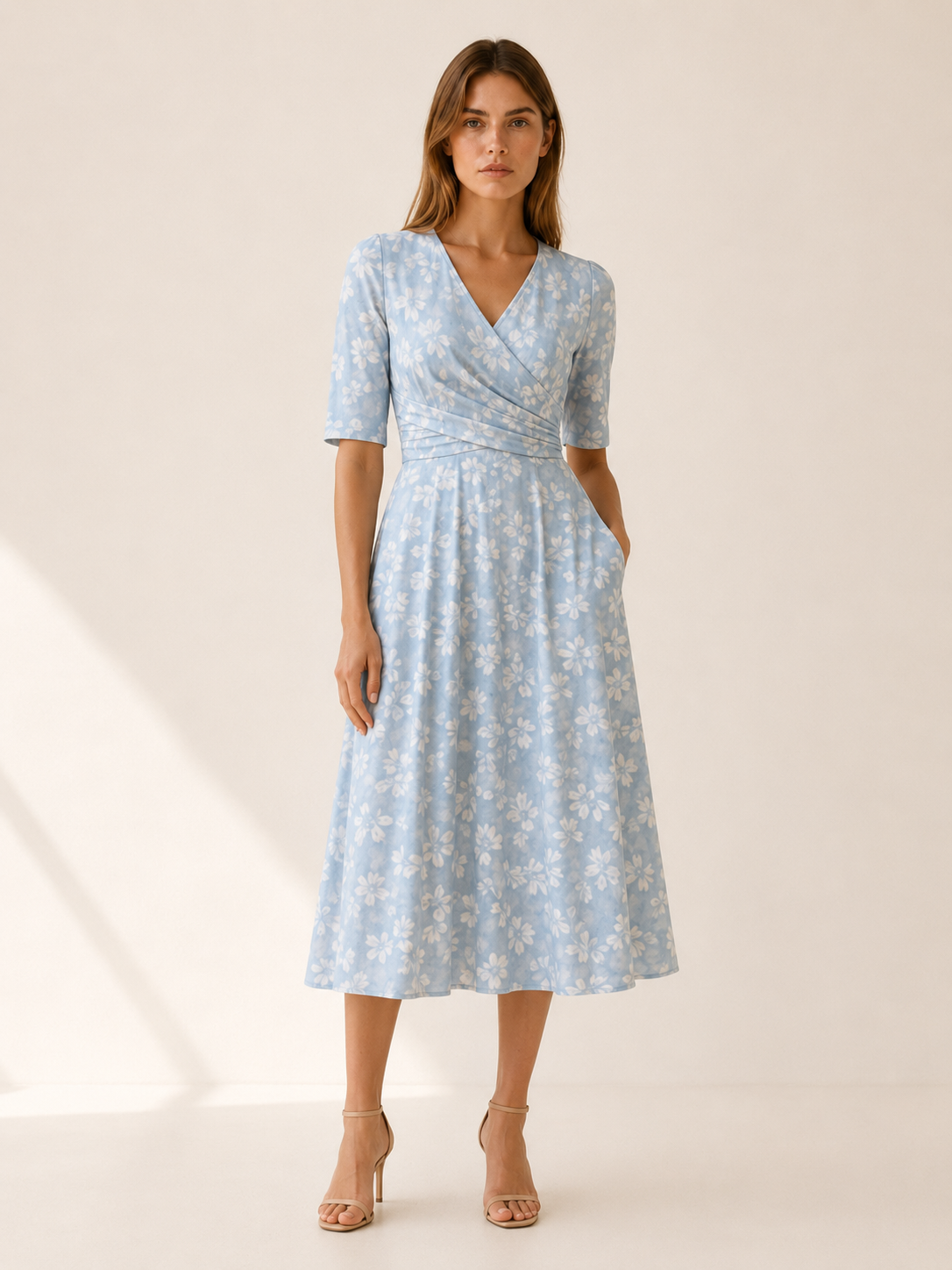 Raina | Floral Midi Dress with V Neck and Side Pockets