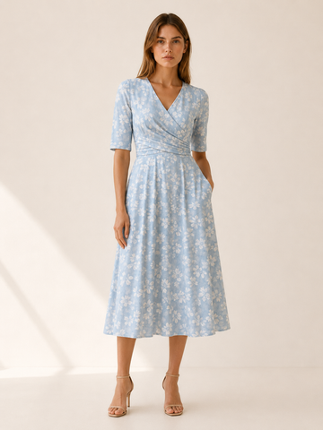 Raina | Floral Midi Dress with V Neck and Side Pockets