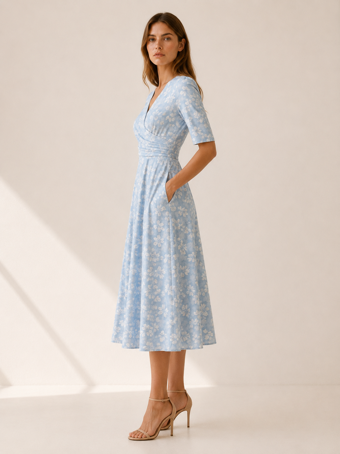 Raina | Floral Midi Dress with V Neck and Side Pockets