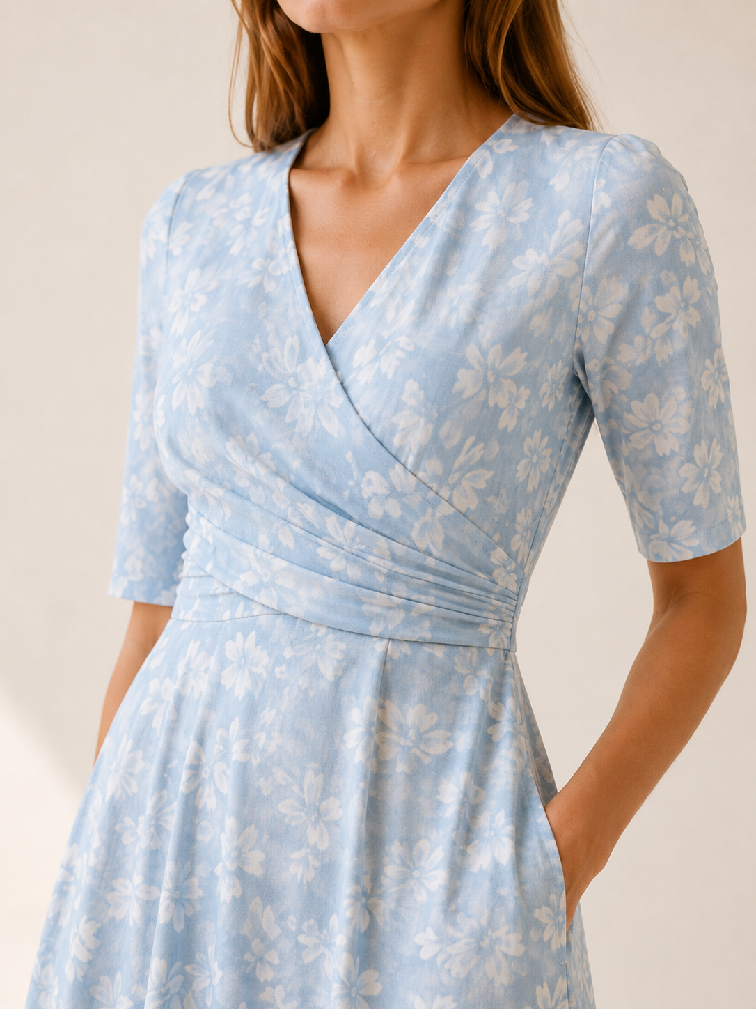 Raina | Floral Midi Dress with V Neck and Side Pockets