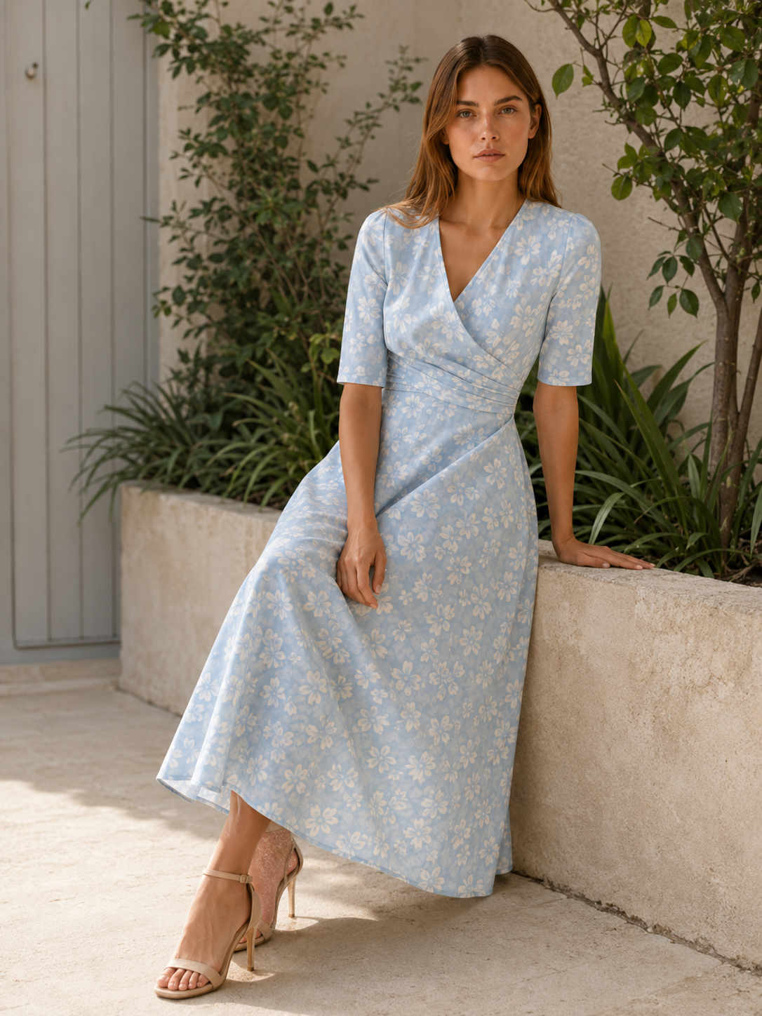 Raina | Floral Midi Dress with V Neck and Side Pockets