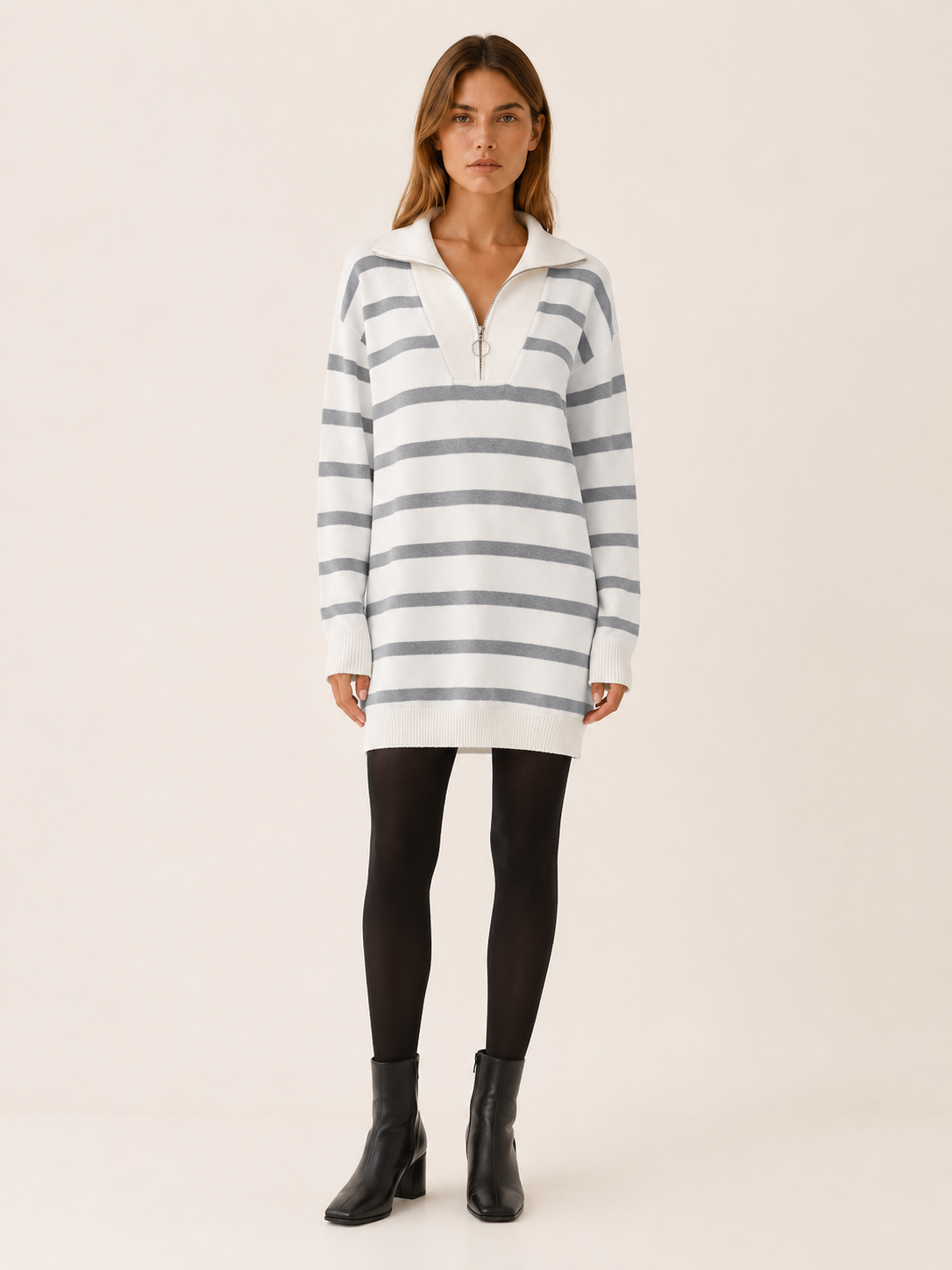 Ravessia | Sweater Dress with Quarter Zip and Striped Detail