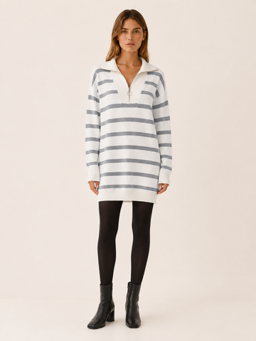 Ravessia | Sweater Dress with Quarter Zip and Striped Detail