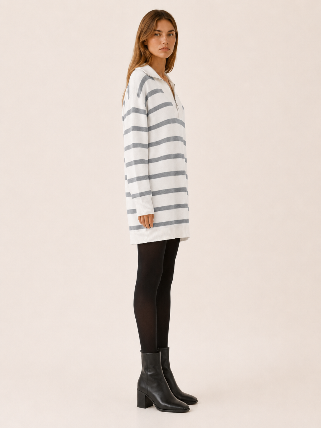 Ravessia | Sweater Dress with Quarter Zip and Striped Detail