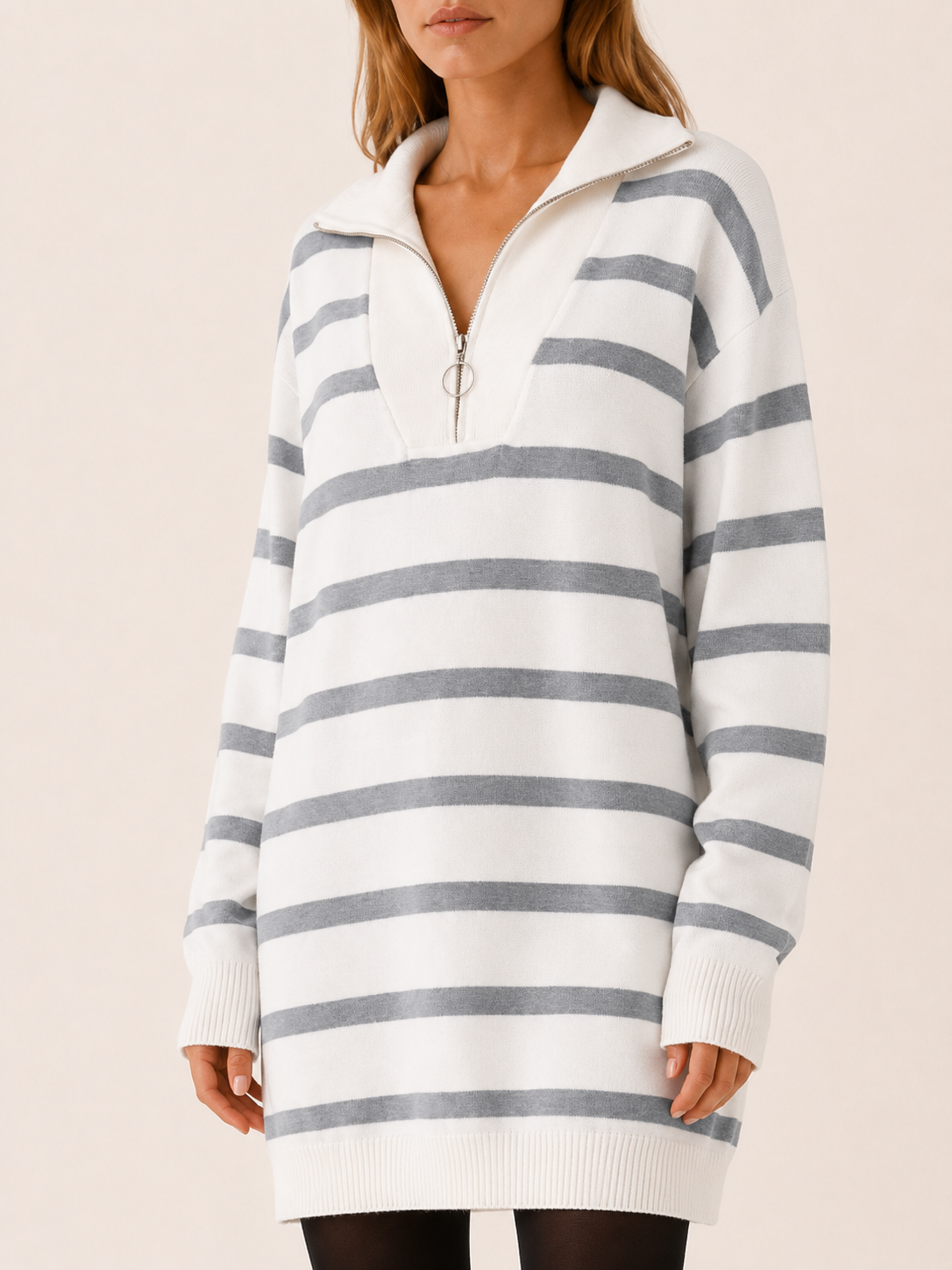 Ravessia | Sweater Dress with Quarter Zip and Striped Detail