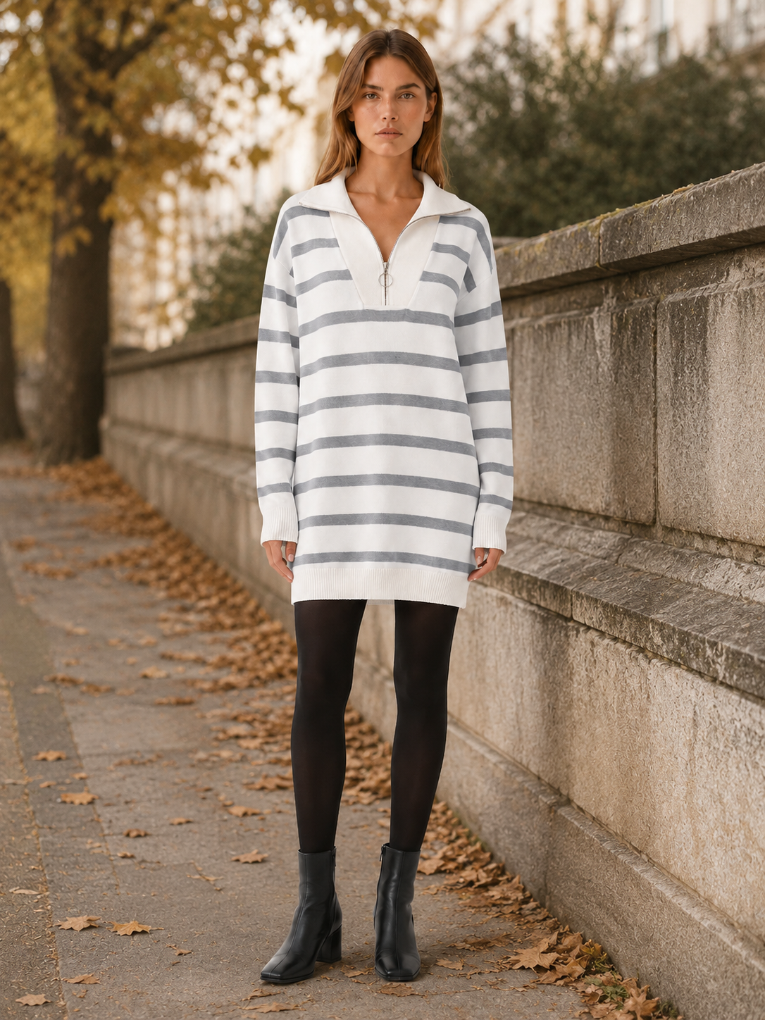 Ravessia | Sweater Dress with Quarter Zip and Striped Detail