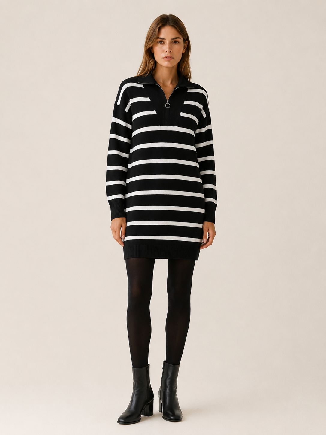 Ravessia | Sweater Dress with Quarter Zip and Striped Detail