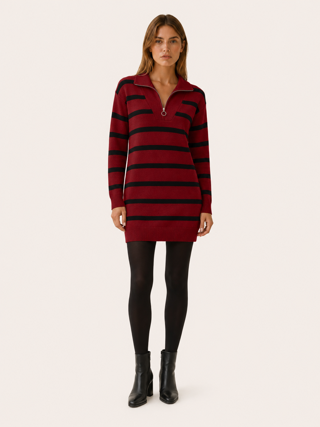 Ravessia | Sweater Dress with Quarter Zip and Striped Detail