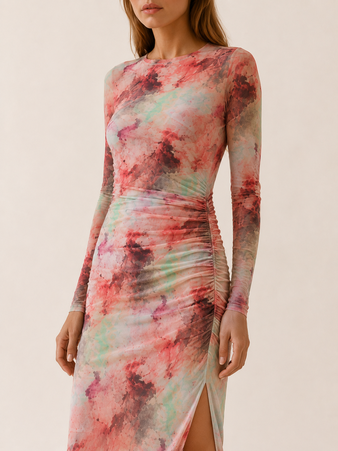 Rhaina | Tie-Dye Mesh Midi Dress with Long Sleeves