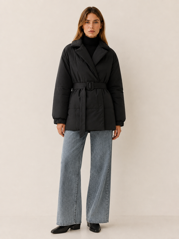 Rhea | Women's Belted Puffer Coat with Wide Lapel Collar