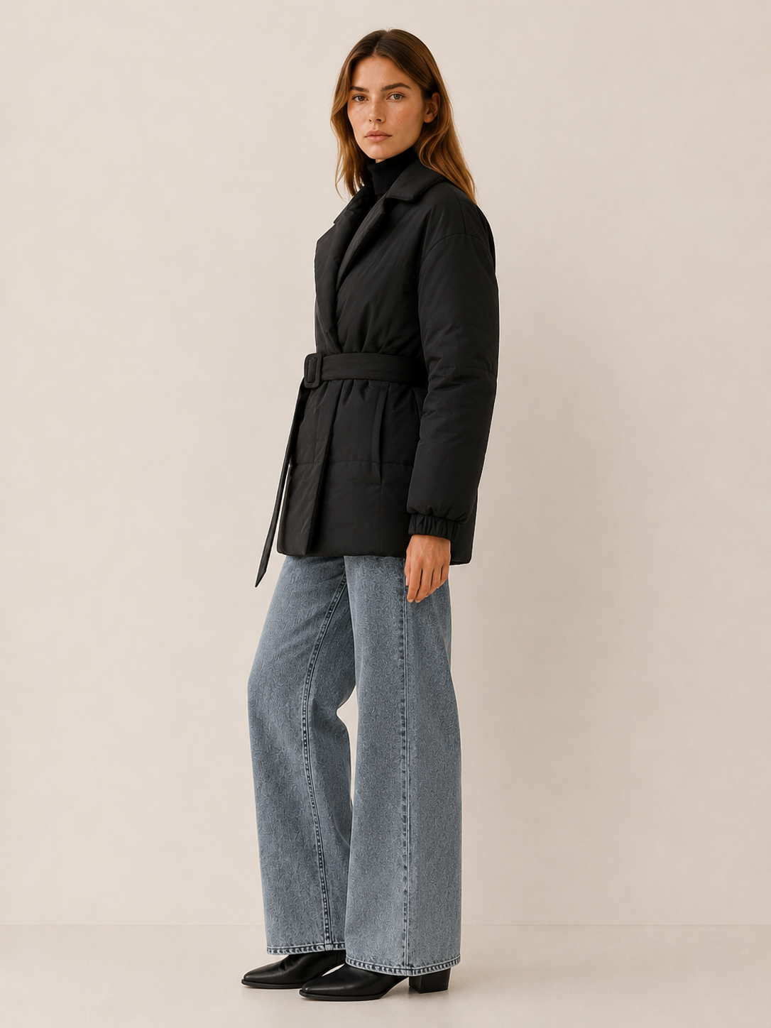 Rhea | Women's Belted Puffer Coat with Wide Lapel Collar
