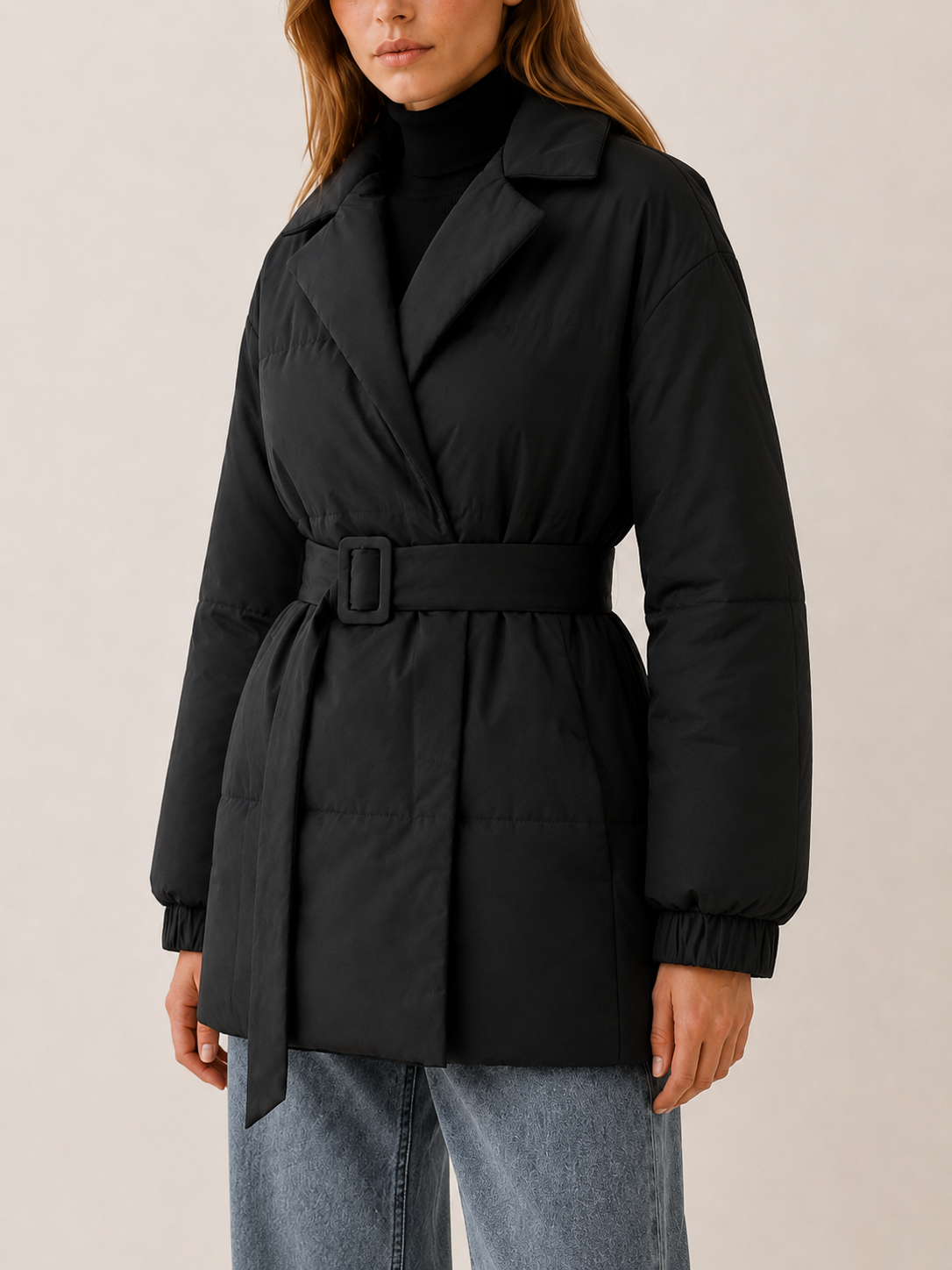 Rhea | Women's Belted Puffer Coat with Wide Lapel Collar