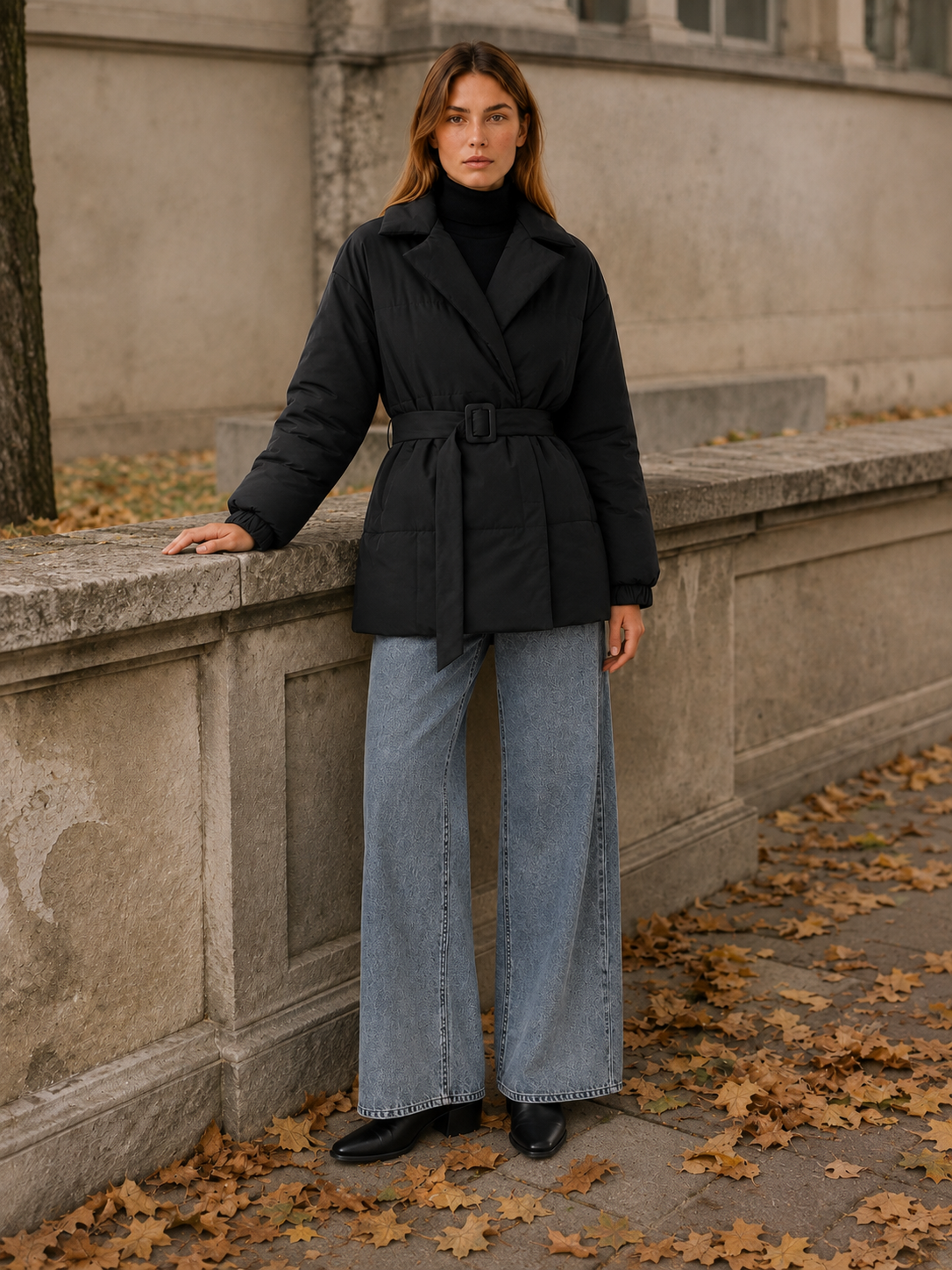 Rhea | Women's Belted Puffer Coat with Wide Lapel Collar