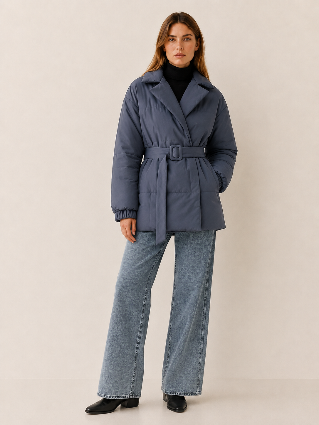 Rhea | Women's Belted Puffer Coat with Wide Lapel Collar