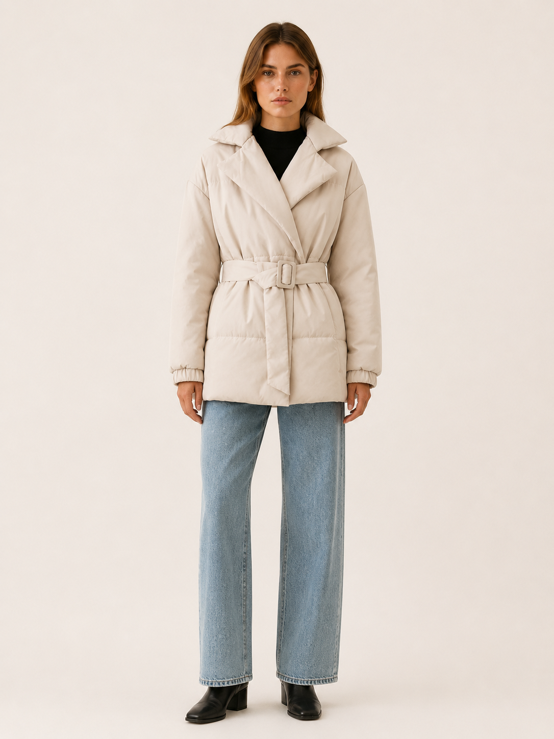 Rhea | Women's Belted Puffer Coat with Wide Lapel Collar