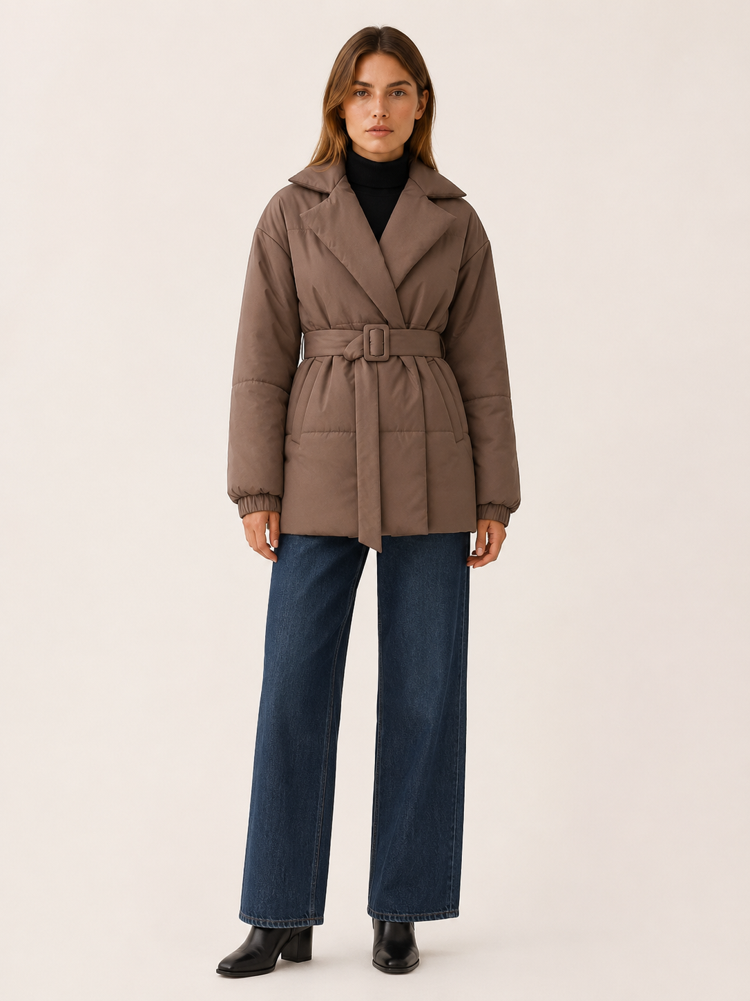 Rhea | Women's Belted Puffer Coat with Wide Lapel Collar